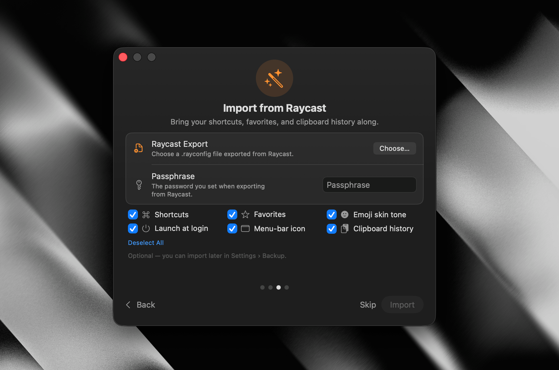 Tinycast's Backup settings pane with a Raycast export selected and a list of categories to import.